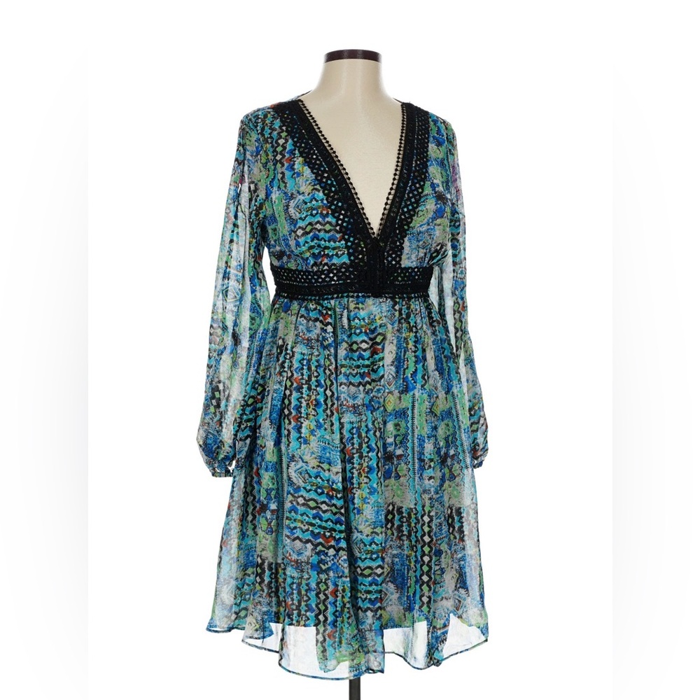 Betsey Johnson RARE Blue and Green Long Sleeve V-neck Dress LIKE NEW